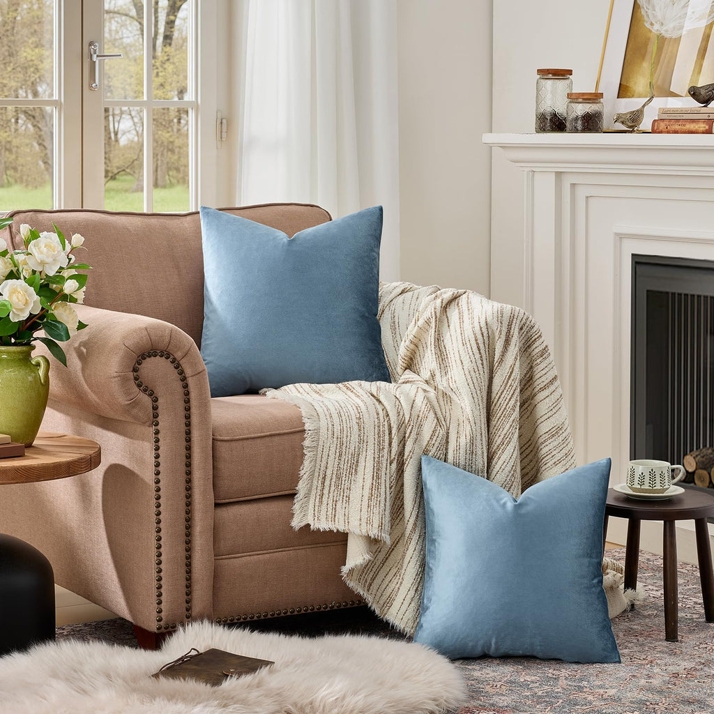 Stone Blue Velvet Throw Pillow Covers 24x24 Pack of 2