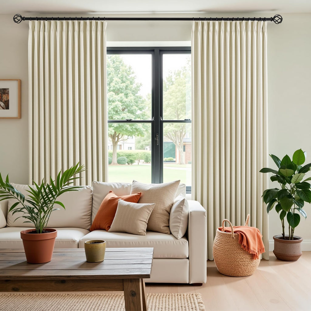 Cream Beige Pinch Pleated Full Blackout Linen Curtains 70x95