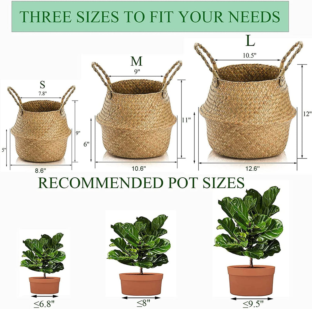 2 Pack Woven Seagrass Plant Basket with Handles, Ideal Wicker Baskets Storage Plant Pot Baskets for Laundry, Picnic