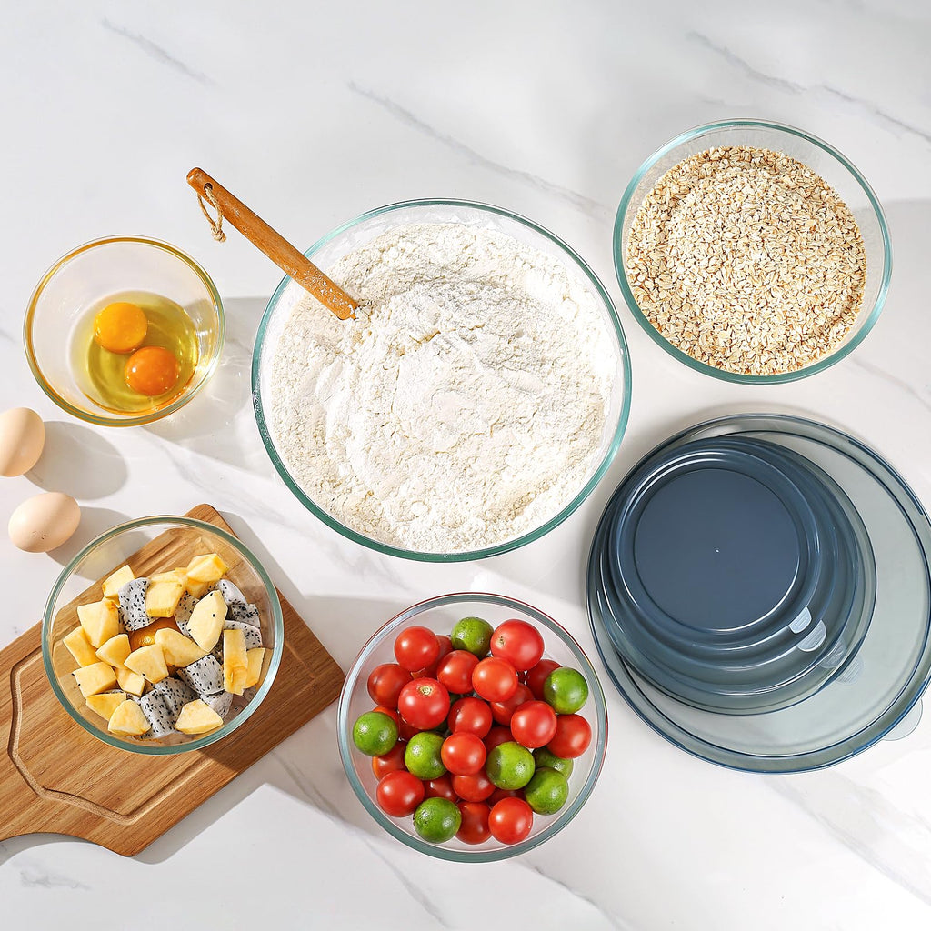 Glass Mixing Bowls with Lids Set of 5(4.78QT,2.2QT,1.7QT,1.1QT,0.85QT),Thick Glass Nesting Bowls Baking,Cooking