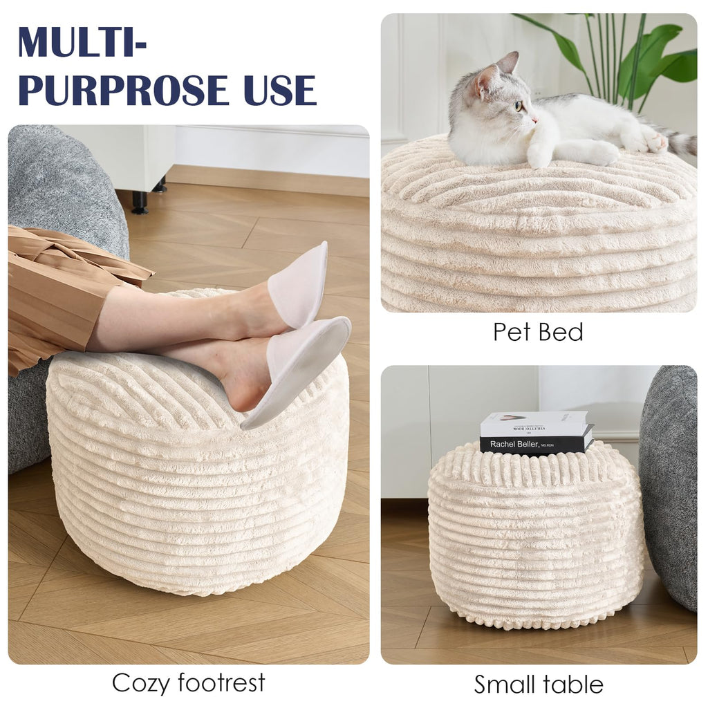 Stuffed Round Ottoman, Pouf Ottoman Foot Rest, 18 X 14, Beige