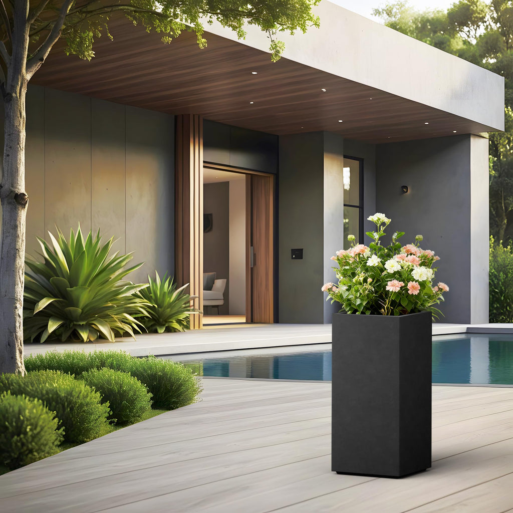 Accent Column Square Black Concrete Planter 23.6" H, Outdoor