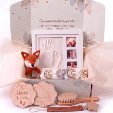 Baby Gift Basket - Newborn Gift Set 6 Pieces: Bamboo Blanket, Footprint Frame, Rattle, Comb, Pacifier Clip &