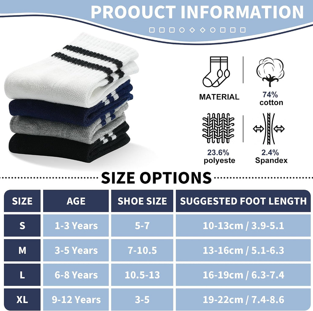 12 Pairs Boys Crew Socks, Kids Athletic Stripes Socks Toddler