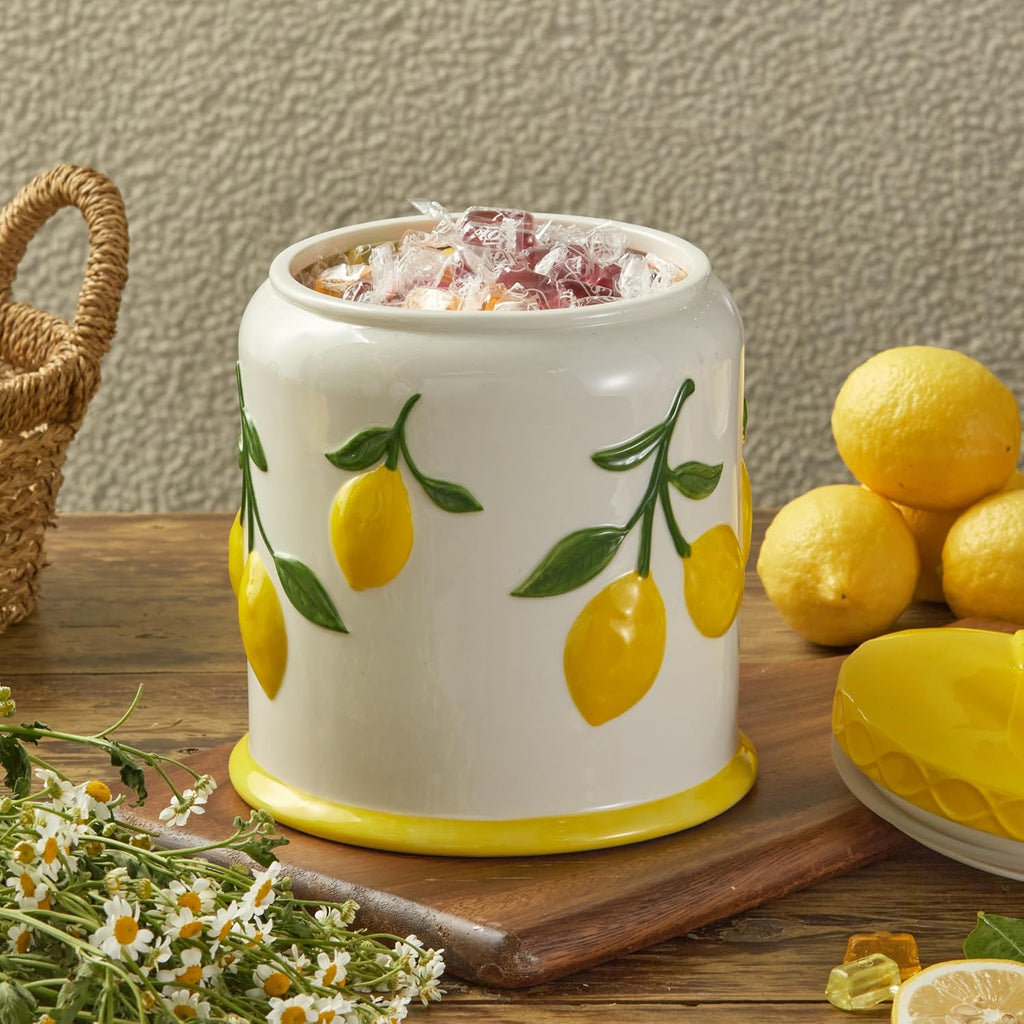 Lemon Handpainted 9 inch Stoneware Cookie Jar, Dishwasher Safe, Air Tight Seal for Keeping Cookie, Spices, Coffee
