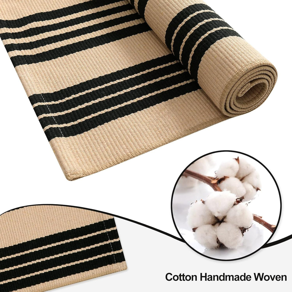 Outdoor Patio Rug 5'x7', Black and Tan Striped Outdoor Rugs Machine Washable Area Rugs Cotton Hand W