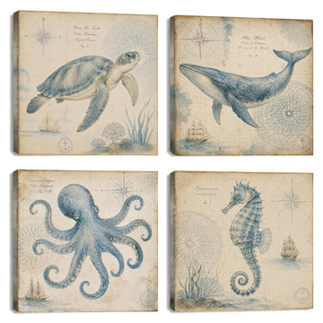 Vintage Nautical Sea Turtle Octopus Bathroom Accessories Pictures Coastal Canvas Wall Decorations Art Ocean Animal