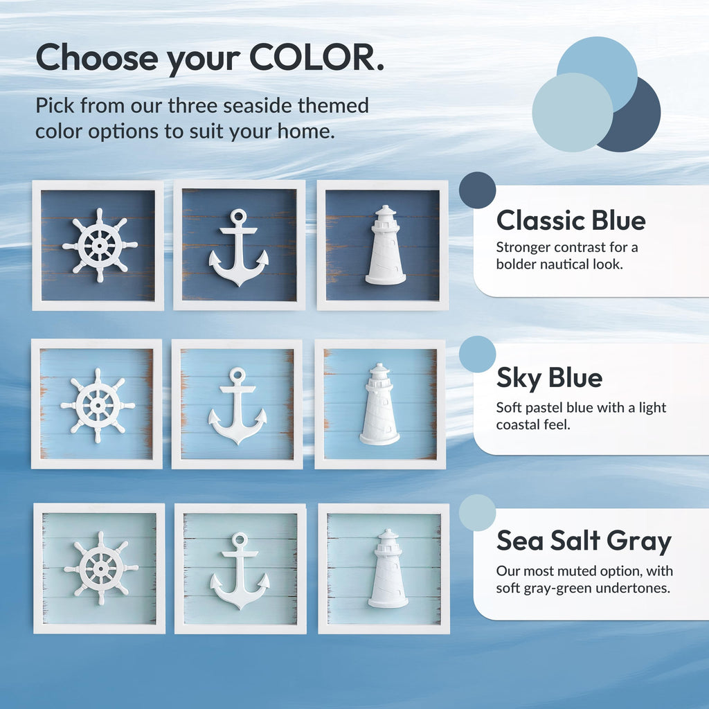 3d Nautical Wall Decor, Bathroom Wall Art, Set of 3, Blue