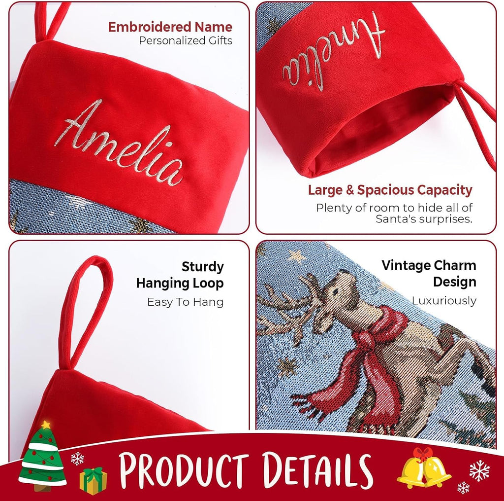 With Embroidered Name,Soft Velvet Cuff with Reindeer Jacquard Design Xmas Stockings,18Inches Vintage Stocking