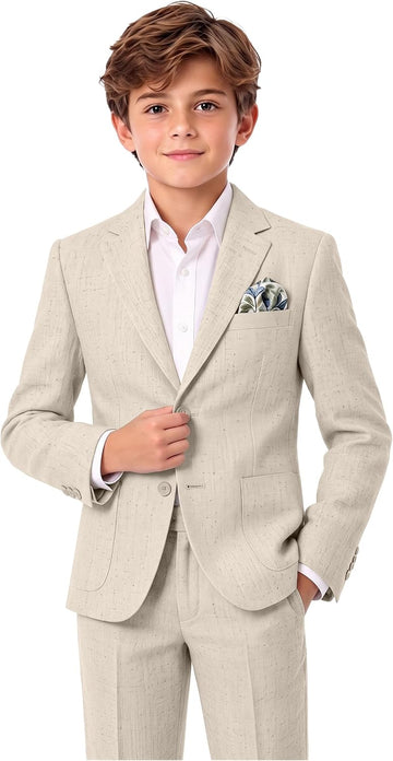Boys Linen Suits for Boy Slim Fit 2 Piece Set Jacket Pants Wedding Outfit