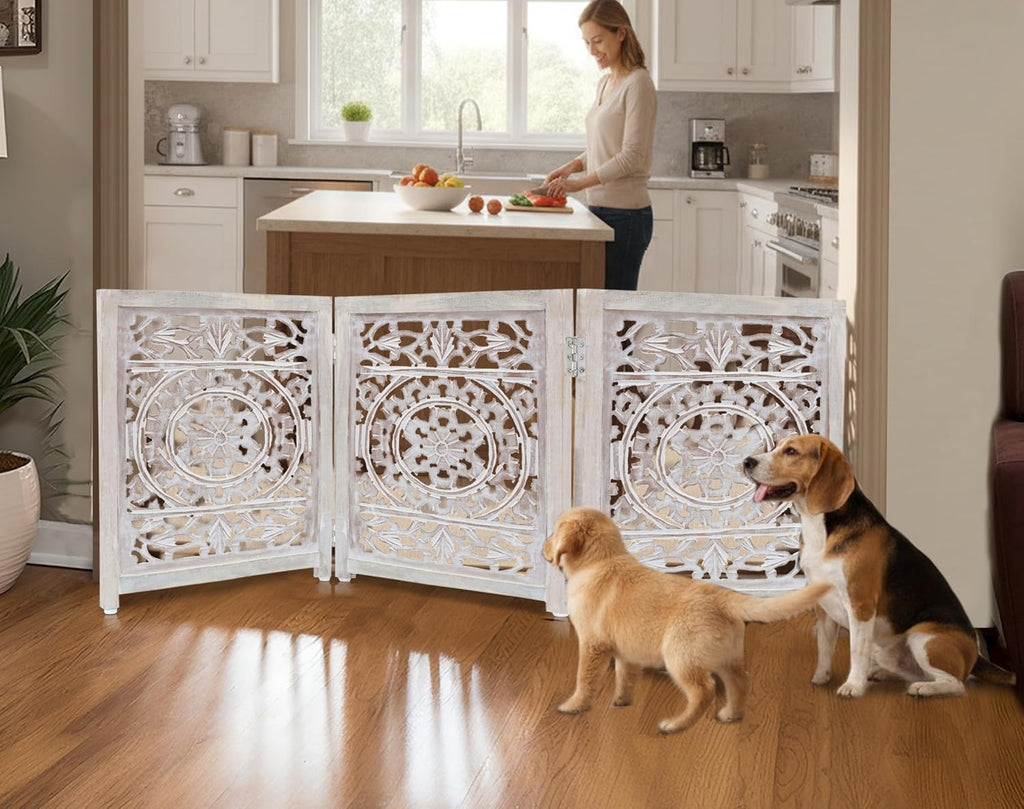 Wooden Foldable Pet Dog Gate - Hand Carved 3-Panel 60 W x 24 H