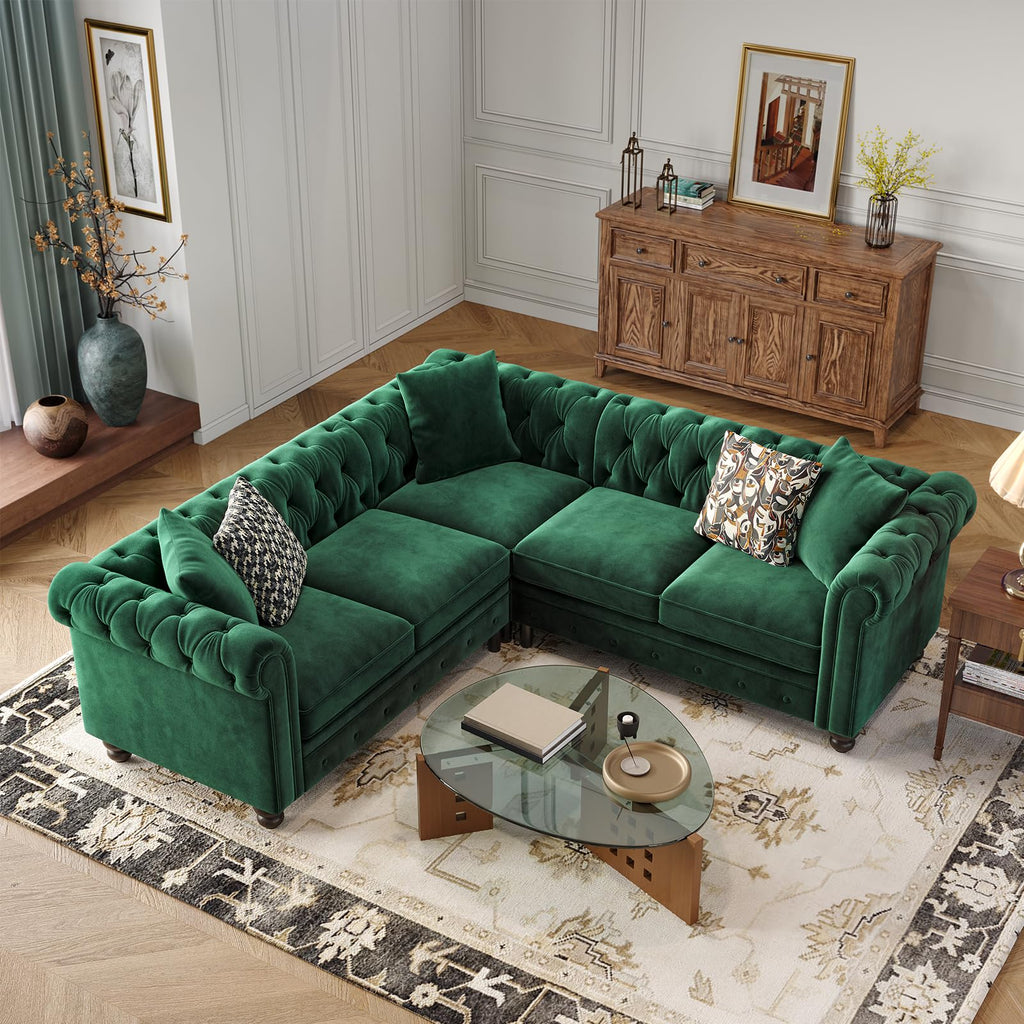 Velvet Chesterfield Sofa, L-Shaped Sectional Sofa with Tufted Back