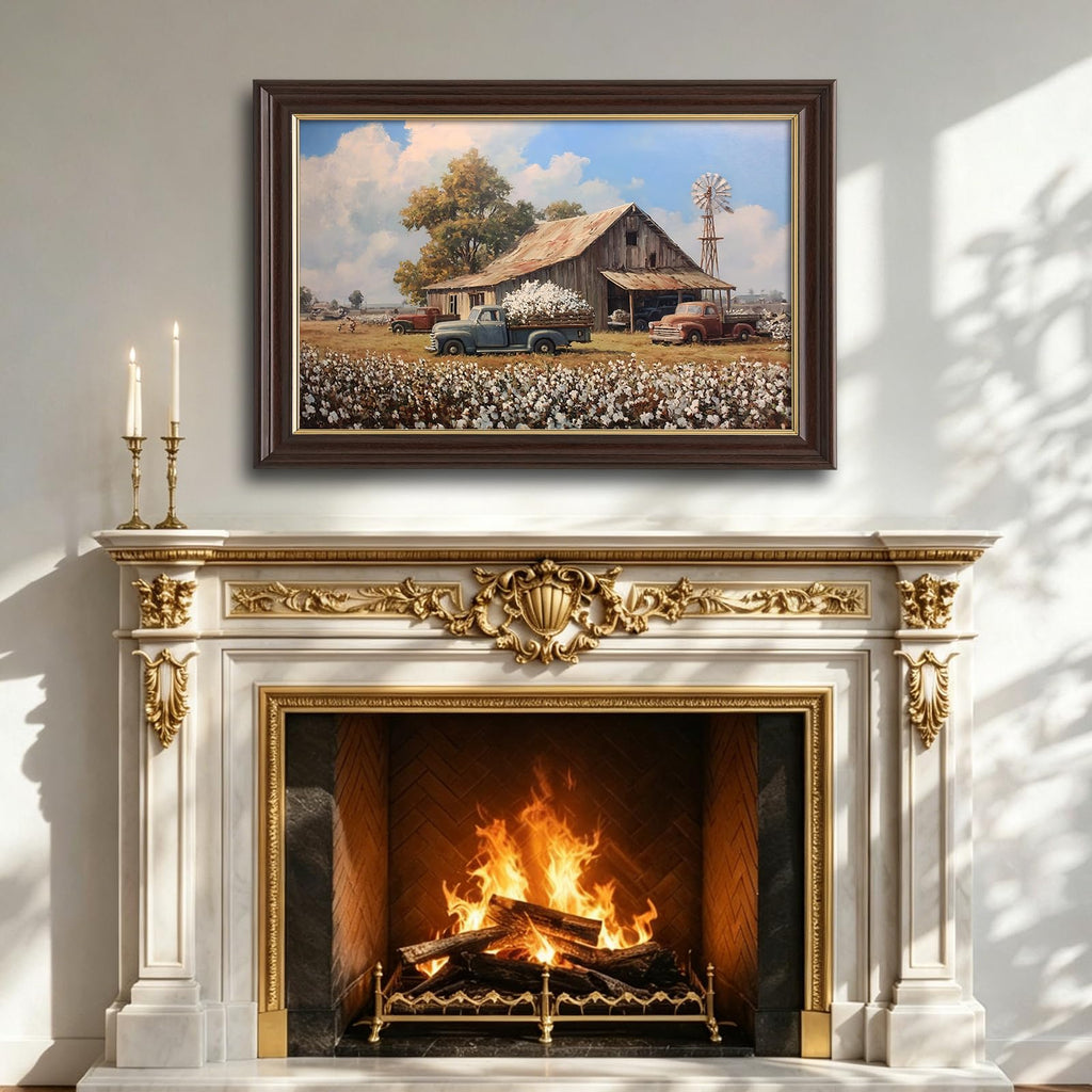 Vintage Framed Cotton Field Canvas Wall Art, Old Farm Trucks with Windmill Canvas Prints Pictures, Southern Farmhouse