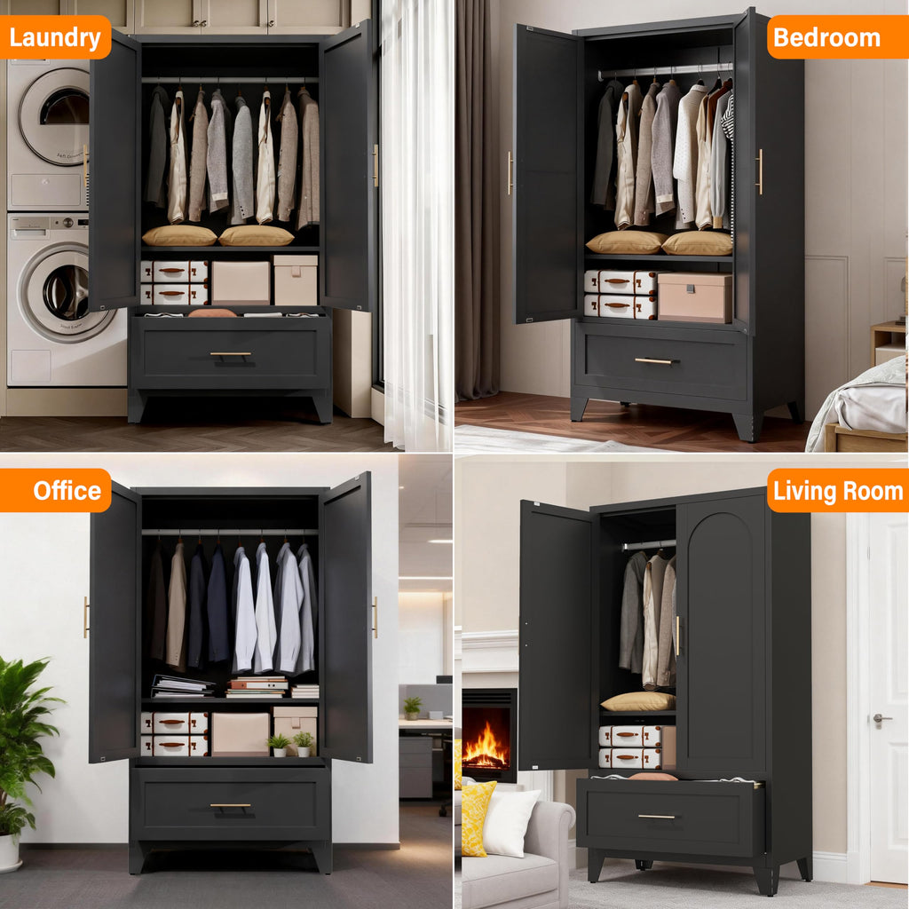 60" Tall Steel Wardrobe Closet with Hanging Rod, 2 Doors, Black