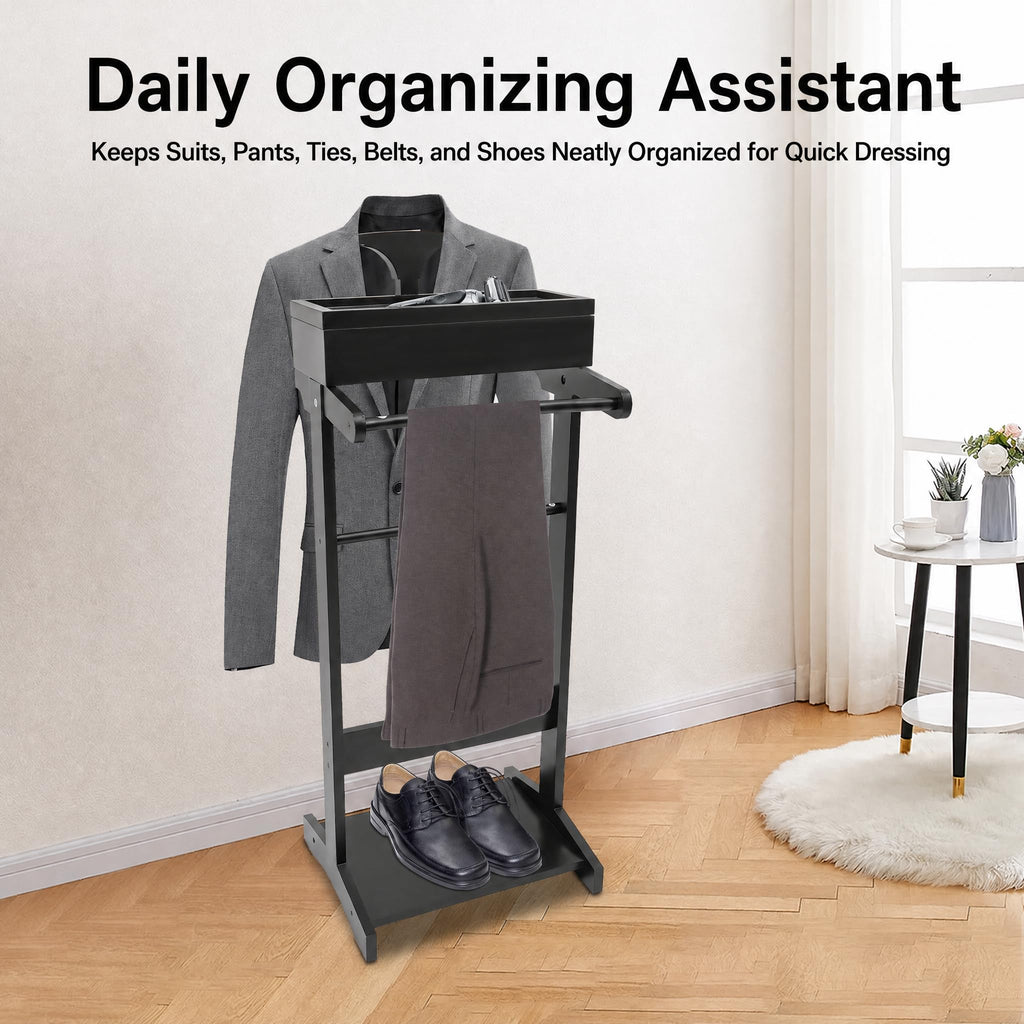 Wooden Suit Valet Stand, Freestanding with Drawer & Storage Tray, Black