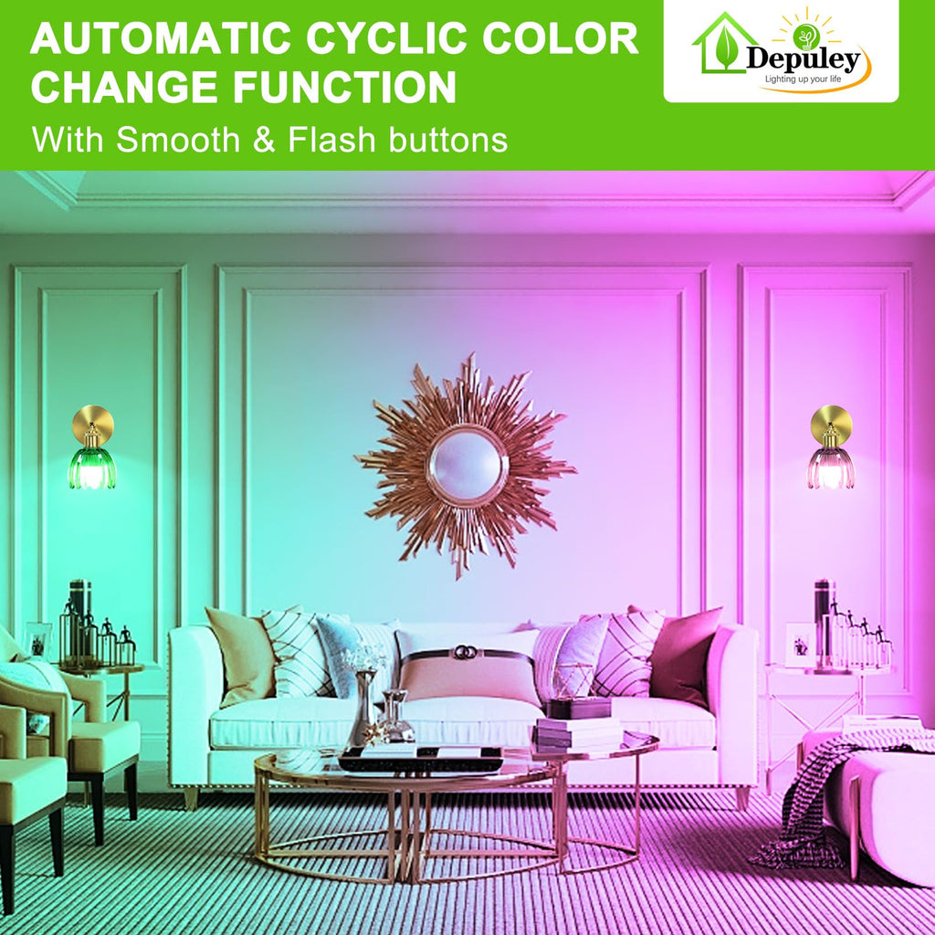 Battery Operated Wall Sconce: Set of 2 Wireless Wall Lights with Tulip Glass Lampshade - Rechargeable 15 Colors Gold