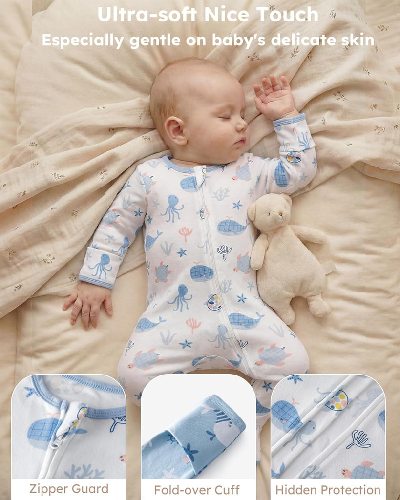 Sleepers 100% Cotton Footie Pajamas, 0-3 3-6 with Way Zipper, 2pcs PJs Baby Boy Clothes