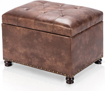 Leather Storage Ottoman, 24" Rectangle Tufted Square Upholstered Bench, Foot Rest Stool with Wood Legs, Footstool