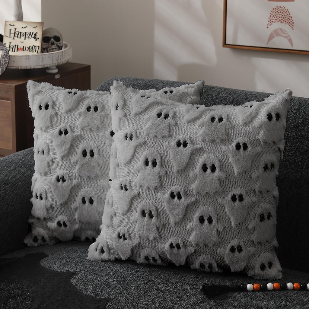 Halloween Pillow Covers 20x20 inch Set of 2 Silver Gray Ghost Throw Pillow Cases Soft Plush Faux Fur Wool Couch