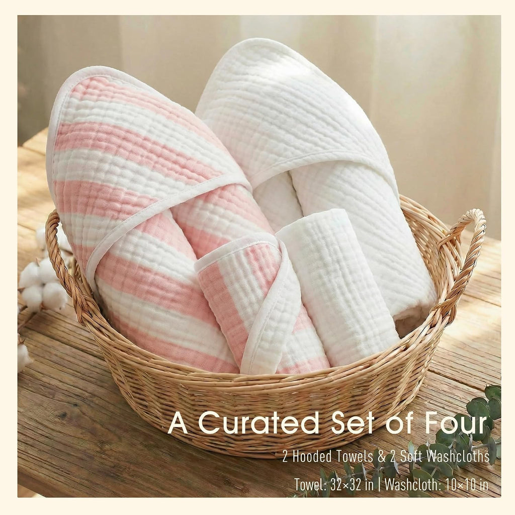 Organic Muslin Hooded Baby Bath Towel 4pc for Newborn - Pink Stripe