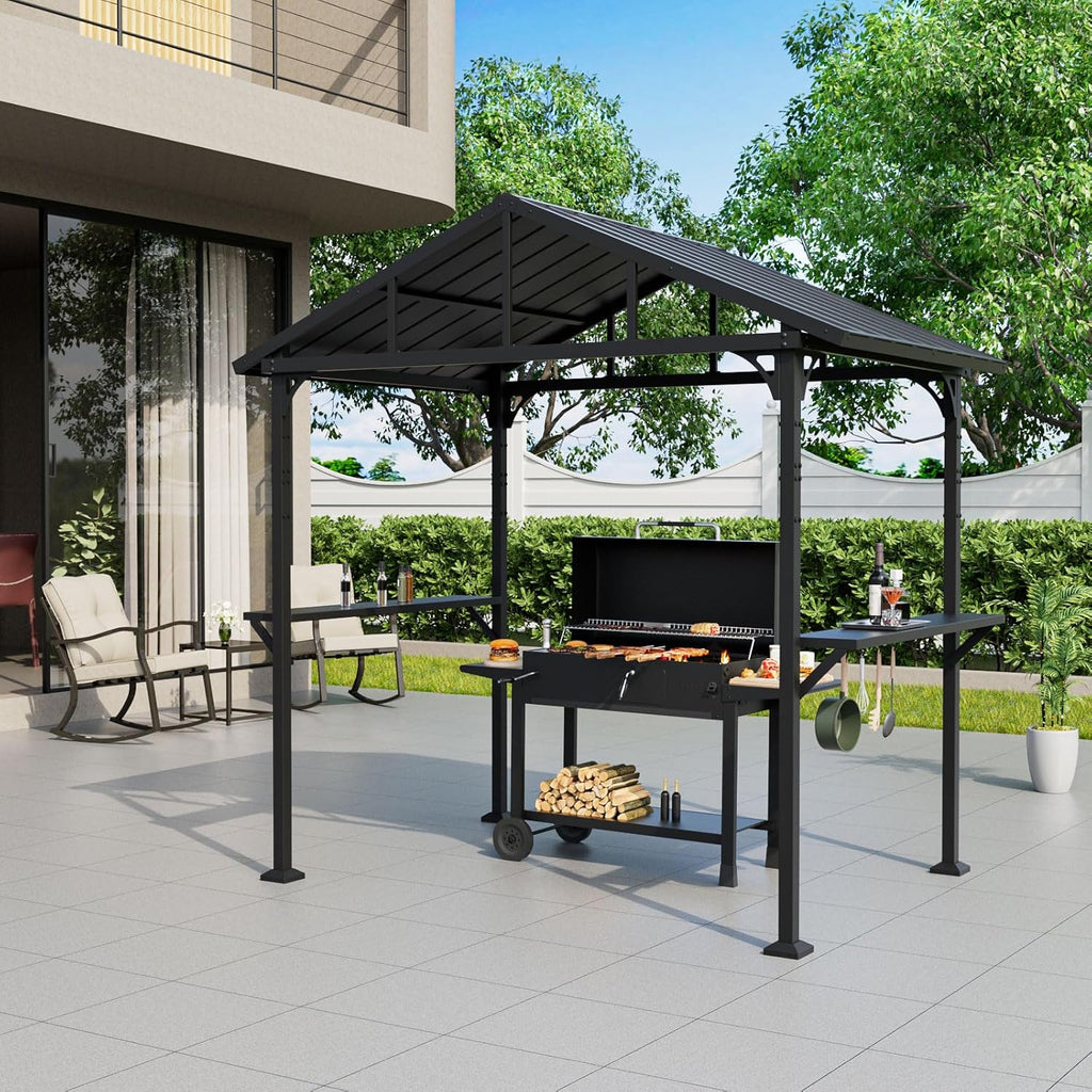 8'x 5' Hardtop Grill Gazebo, Outdoor BBQ Gazebo Metal Roof Canopy with 2 Metal Side Shelves & 5 Tool Hooks for