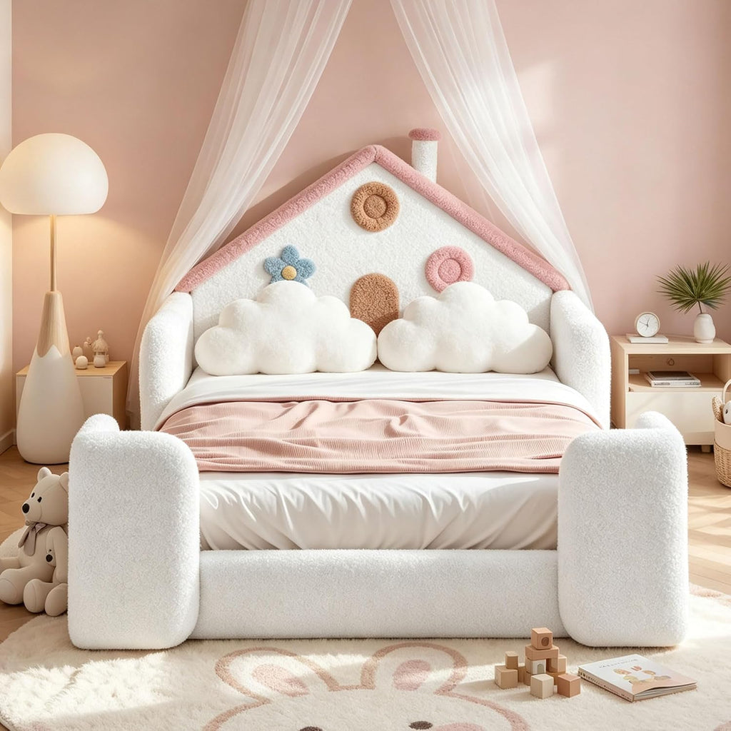 Upholstered Floor Bed Frame with Side Pocket & Stairs, White Pink