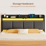 Bed Frame Full with Charging Station and LED Lights, Upholstered Storage Headboard with Drawers