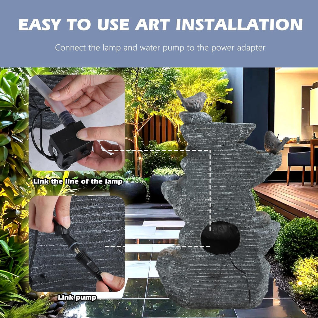 Outdoor 5-Tiers Cascading Rock Water Fountain, Waterfall Fountain with 4 LED Lights