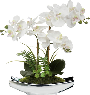 15" White Faux Orchid Arrangement in Silver Boat Pot Table Decor
