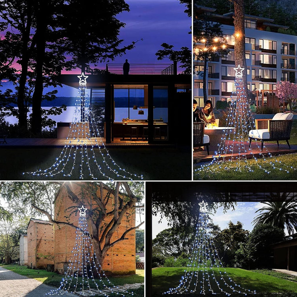 Christmas Decoration Lights, Outdoor Christmas String Lights 320 LED 11.5Ft Waterfall Tree Light with Big Star Topper