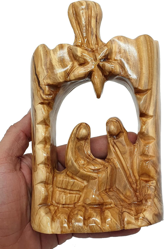 Olive Wood Nativity Scene 6.5" - Large Abstract Hand Carved Holy Family with Bethlehem Star Christmas Decor HOF056