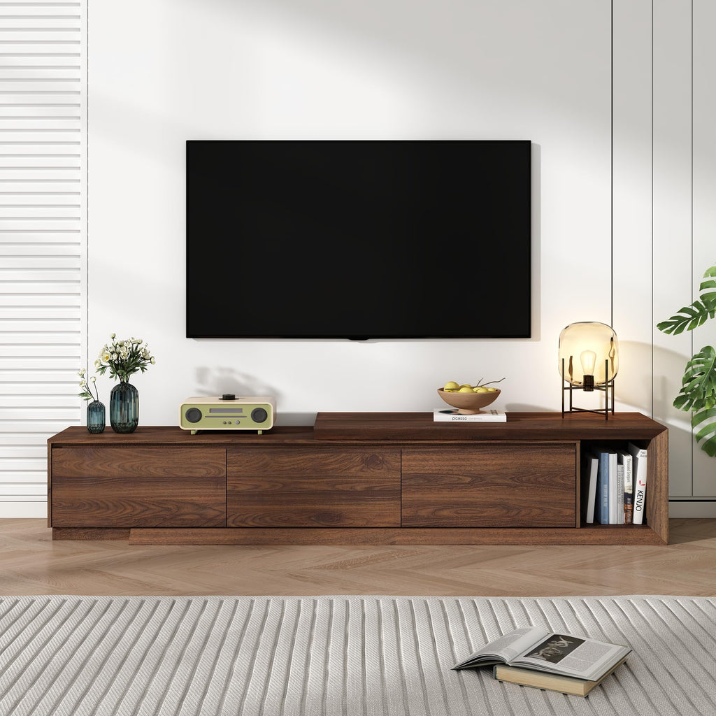 Extendable TV Stand with 3 Drawers, Modern Minimalist Entertainment Center, Reversible Long TV Media Console, Bevel