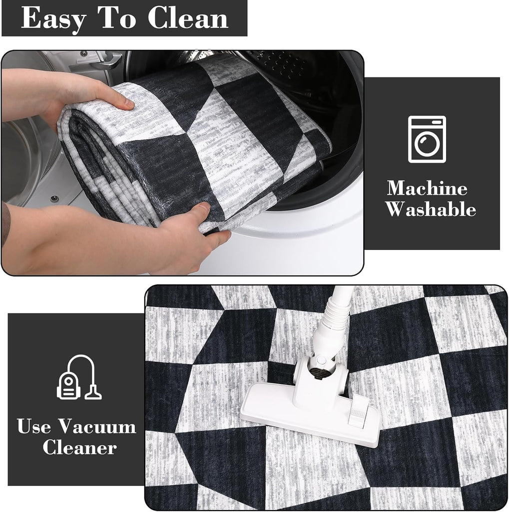 Washable Area Rugs 9x12 Rug Checkered Modern Bedroom Rug Geometric Black Rug Large Area Rug Non Slip Throw Rugs Low