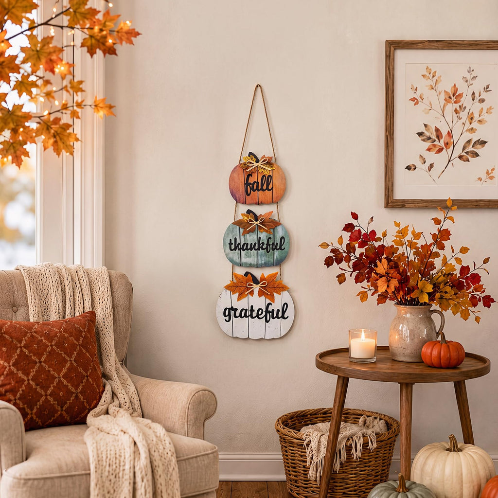 Pumpkin Fall Door Decor, Thanksgiving Fall Decorations, Wooden Pumpkin Hanging Fall Door Decor Sign with Letter