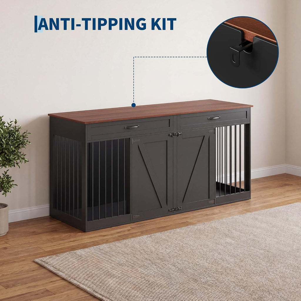 Double Dog Crate Furniture for 2 Dogs with 2 Drawers