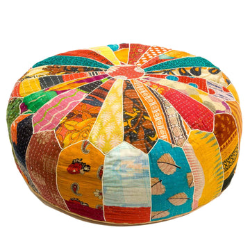 Vintage Colorful Pouf Ottoman Cover Handmade Round Floor Cushion Pillow Patchwrok Recycled Bohemian Room Décor