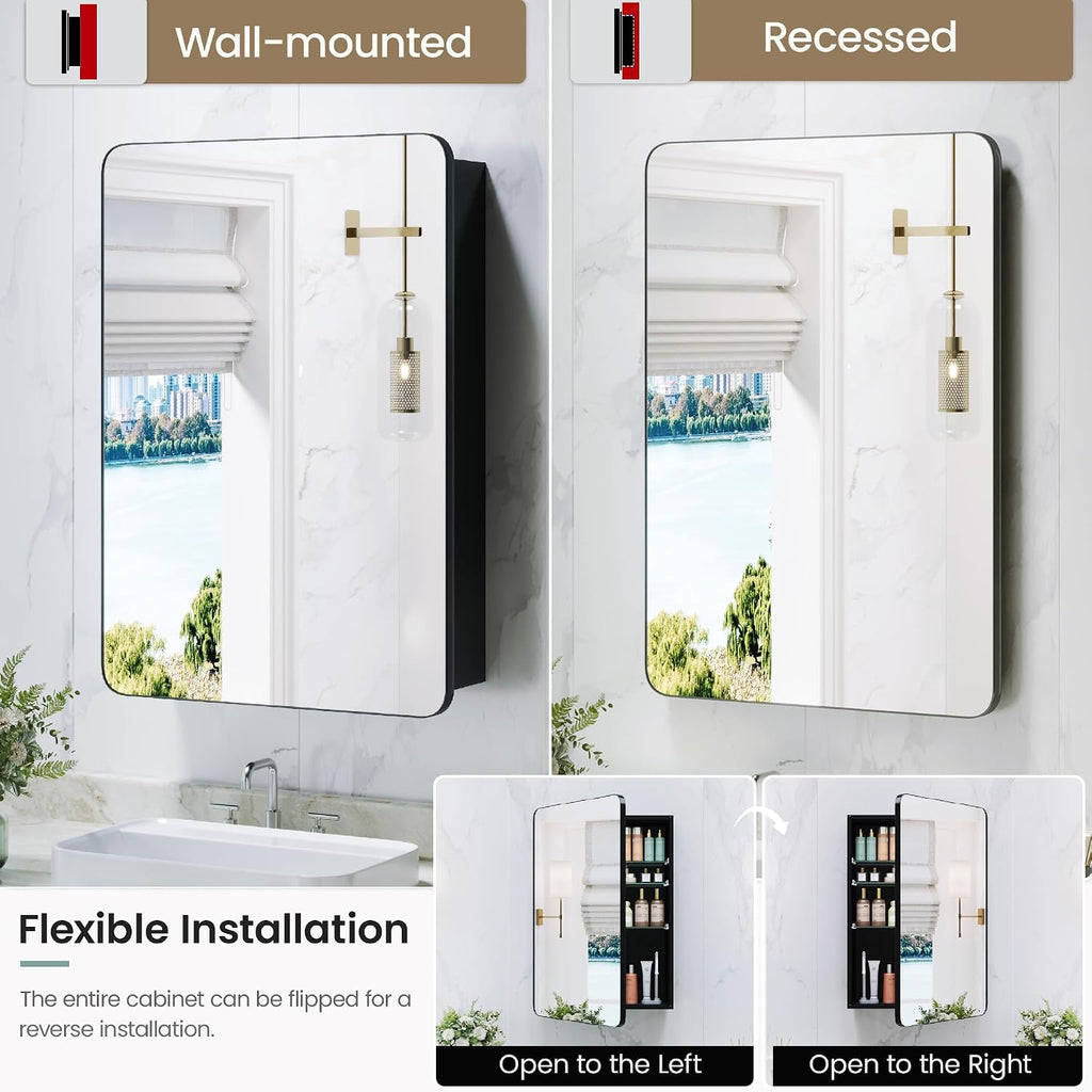 16x24 Black Medicine Cabinet with Mirror, Recessed & Surface Mount | Bathroom mirror with storage: 6 adjustable