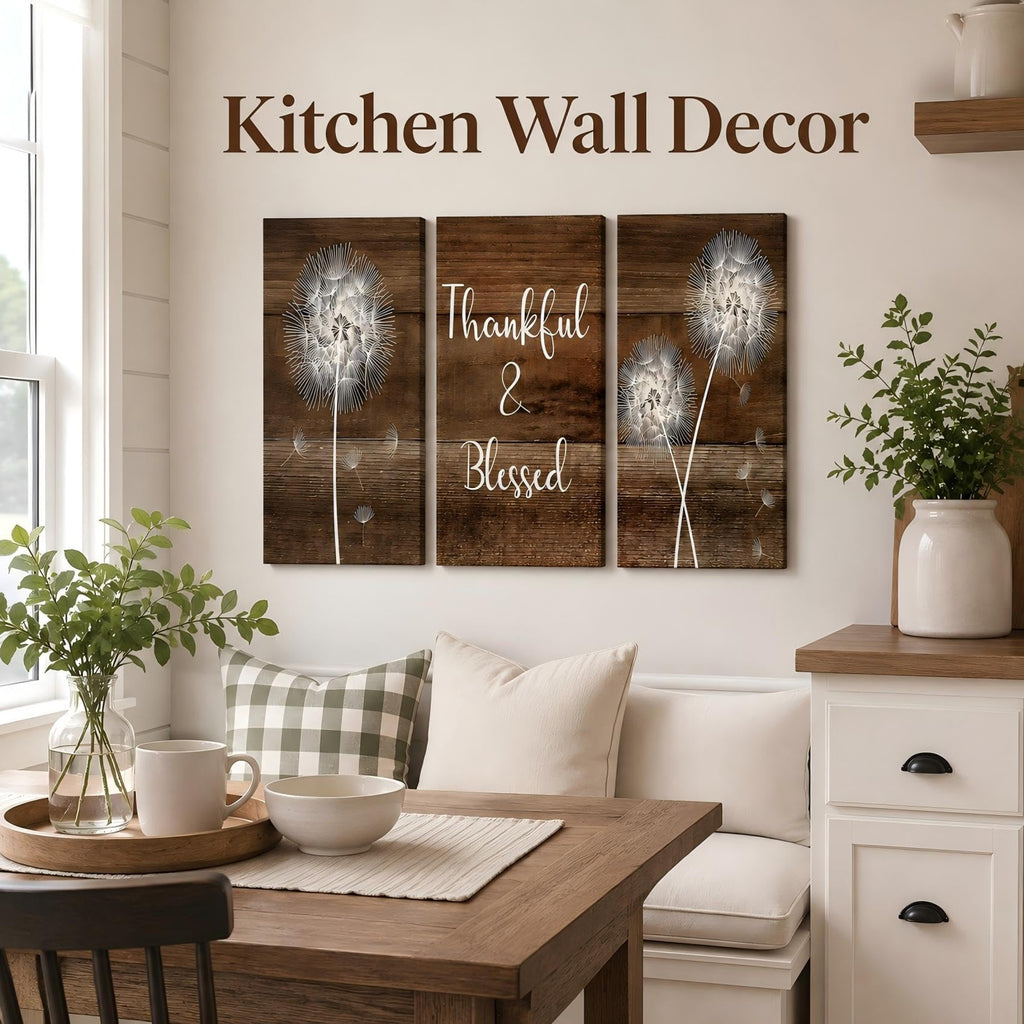 Thankful & Blessed Dandelion Framed 3‐Piece Canvas Wall Art, Rustic Wooden Plank Background Floral Typography Canvas