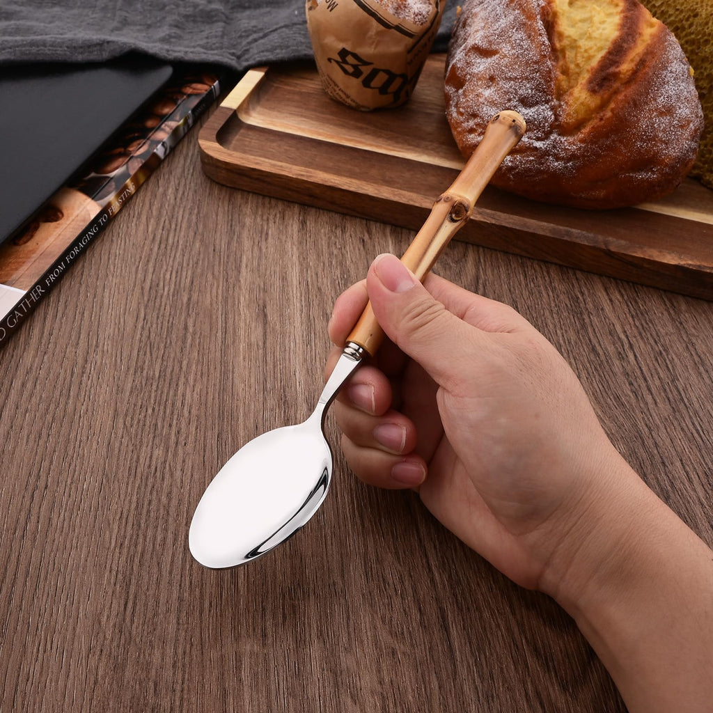 30PCS Silverware Set for 6, Bamboo Handle Flatware Set, Stainless Steel Cutlery Set Restaurant and Party, Bamboo