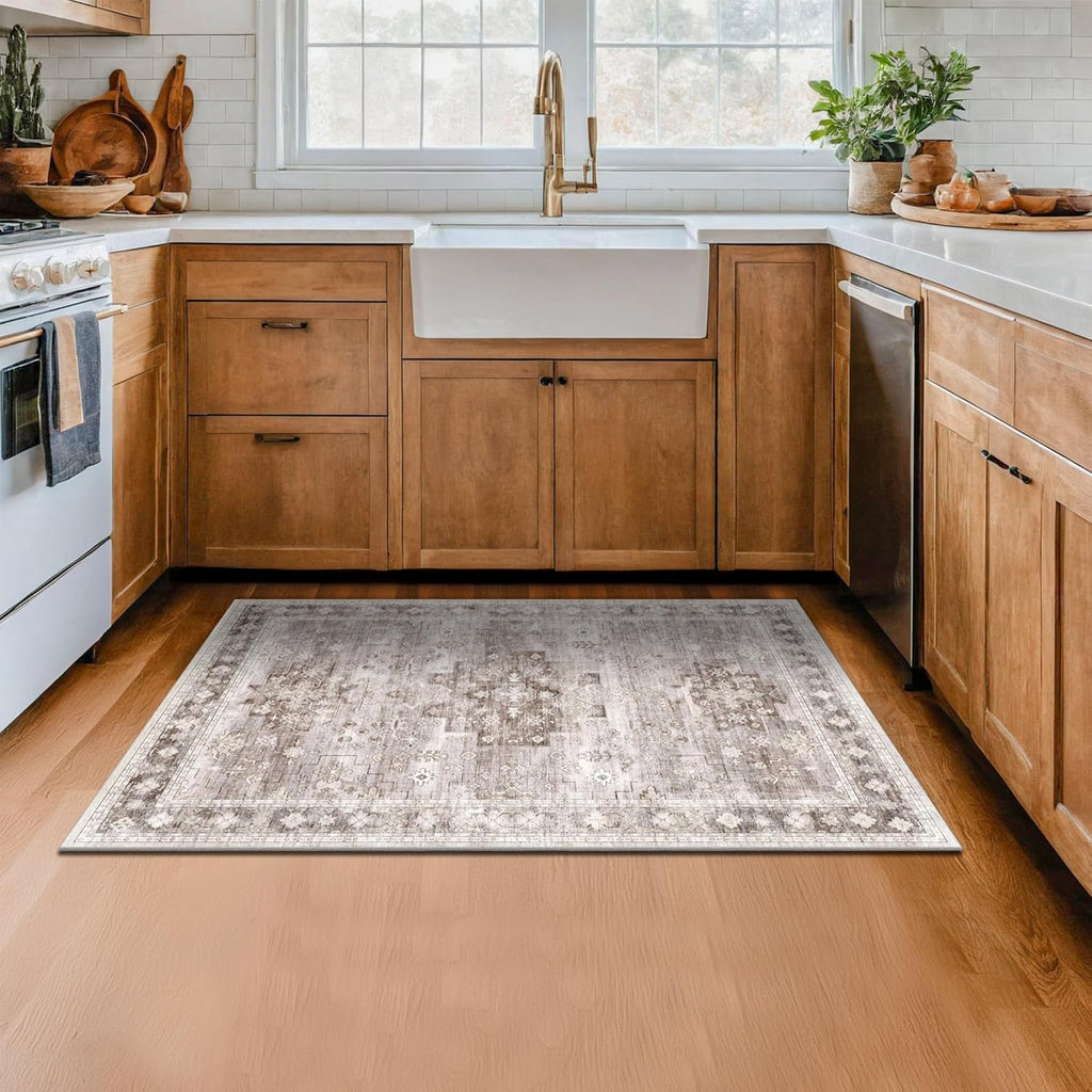 Washable Neutral Farmhouse Large Entryway Rug, 3x5 Area Rugs