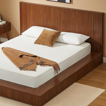 Floor Wooden Bed Frames with Walnut Headboard (Walnut)