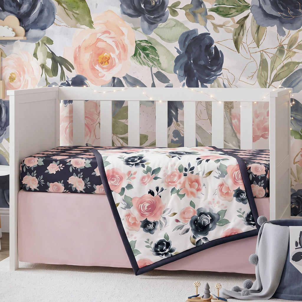 3 Pcs Navy and Pink Floral Crib Bedding Set for Girl