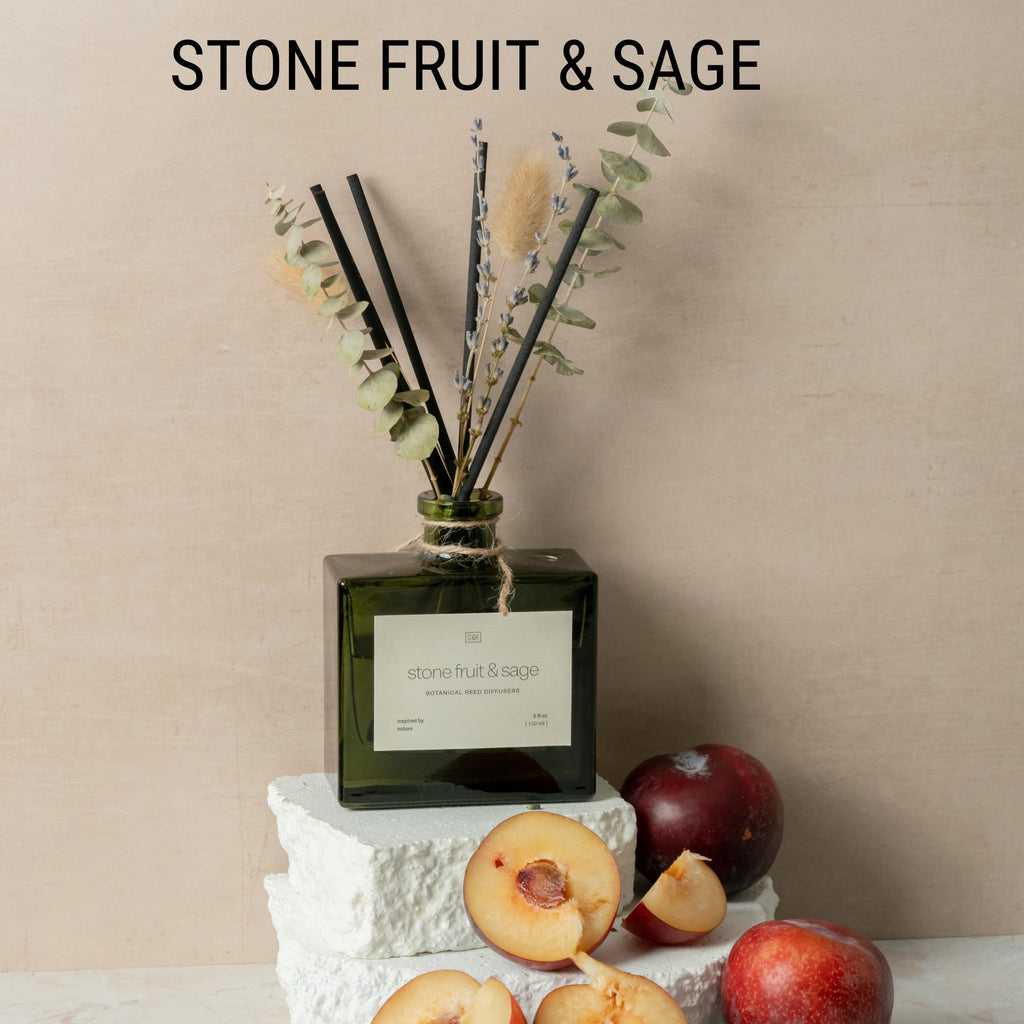 Reed Diffuser with Dried Flowers | 5 oz Stone Fruit & Sage Scented Holiday Reed Diffusers | Scent Sticks | Elegant