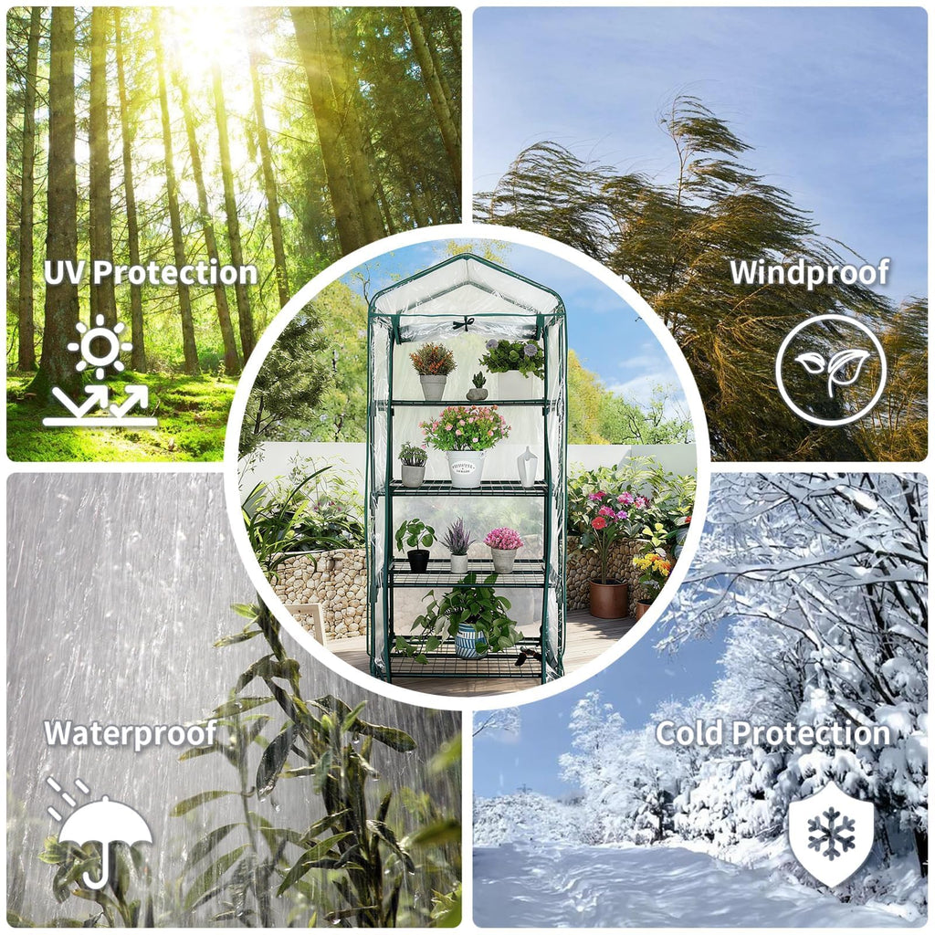 Mini Greenhouse for Indoor Outdoor, Small Plants Green House with 4 Tier Shelves, Portable Plastic Greenhouses with