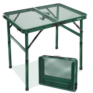 Small 2ft Folding Table with Carry Handle, Adjustable Height 10.6" or 22", Green Metal Mesh, Portable & Compact
