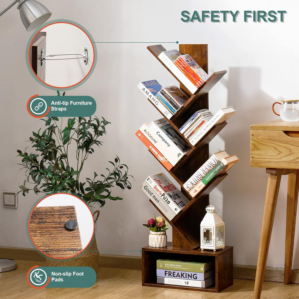 Tree Bookshelf - 6 Shelf Retro Floor Standing Bookcase, Tall Wood Book Storage Rack for CDs/Movies/Books