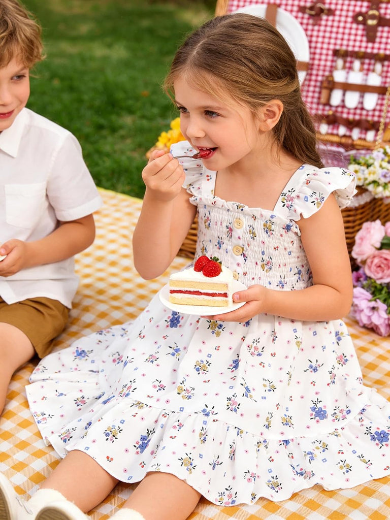 Toddler Girl Floral Smocked Dress, Sleeveless Chiffon A-Line Sundress for Summer Beach Party