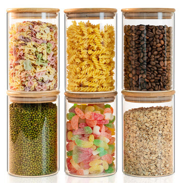Glass Food Storage Jars 6-Pack 37oz - 4x6 in-Clear Glass Food Canisters with Bamboo Lid Airtight For Serving Tea