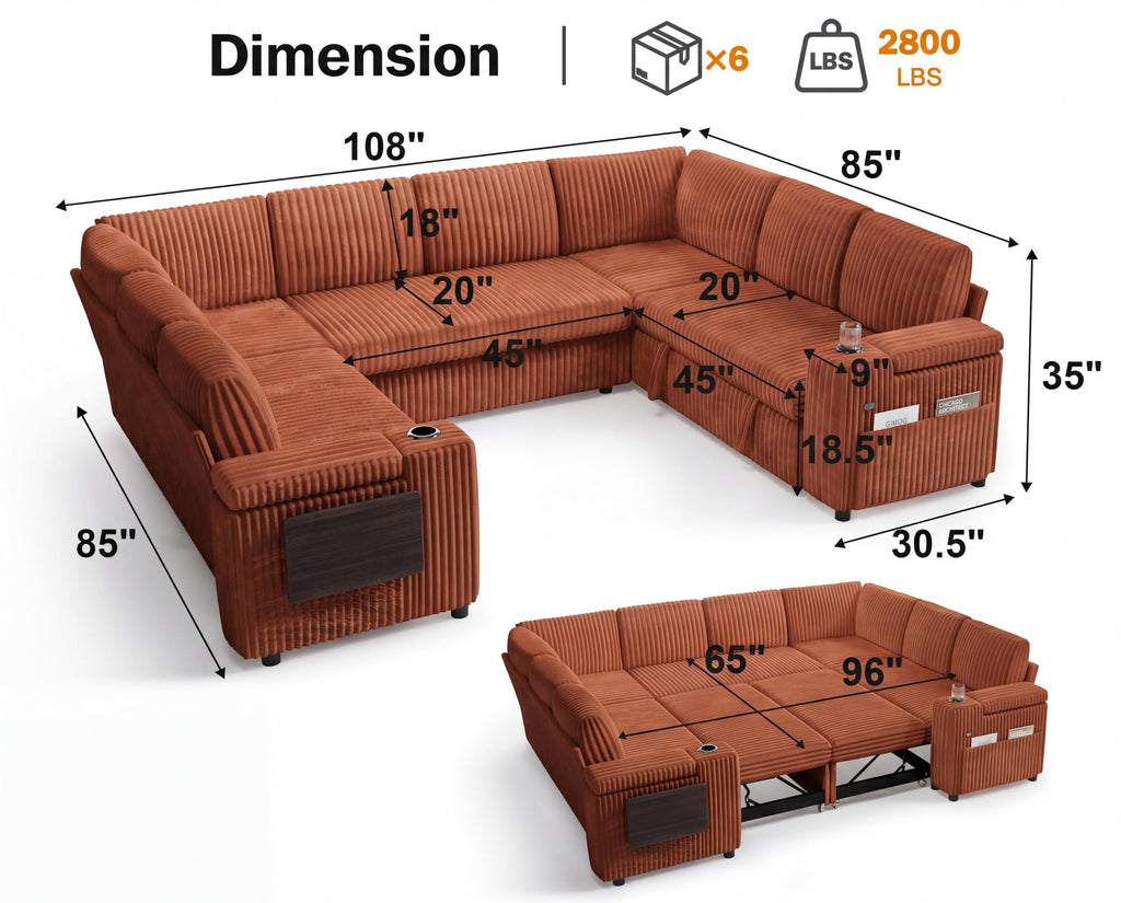 111" Modular Sectional Sleeper Sofa with Pull Out Bed, 8 Seat Plush Corduroy U Shaped Couch with Storage Chaise|USB