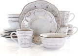 Rustic Birch 16 Piece Embossed Scalloped Stoneware Round Dinnerware Set in White with Brown Accents